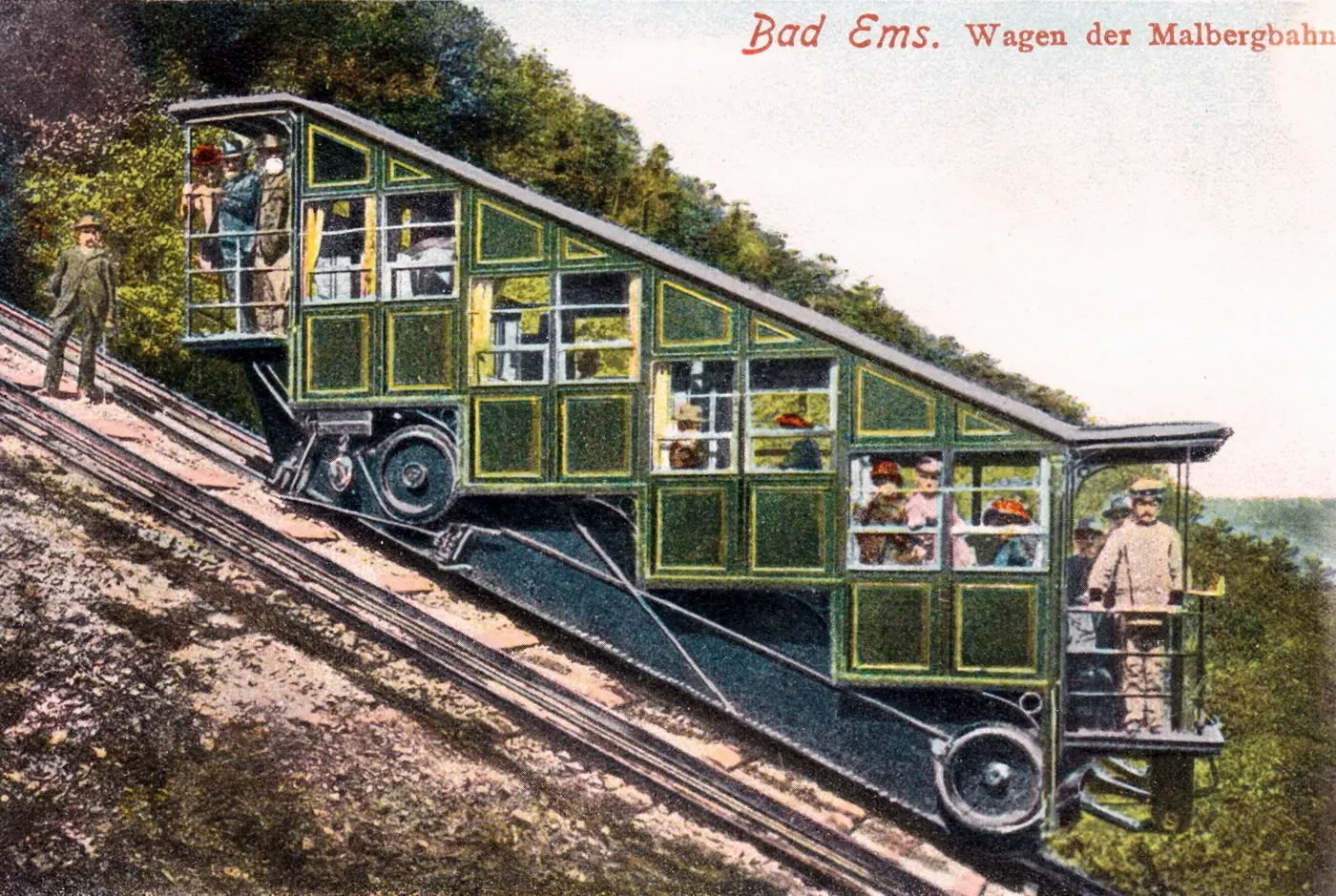 Kolorierte historische Aufnahme eines Wagens der Malbergbahn um 1890